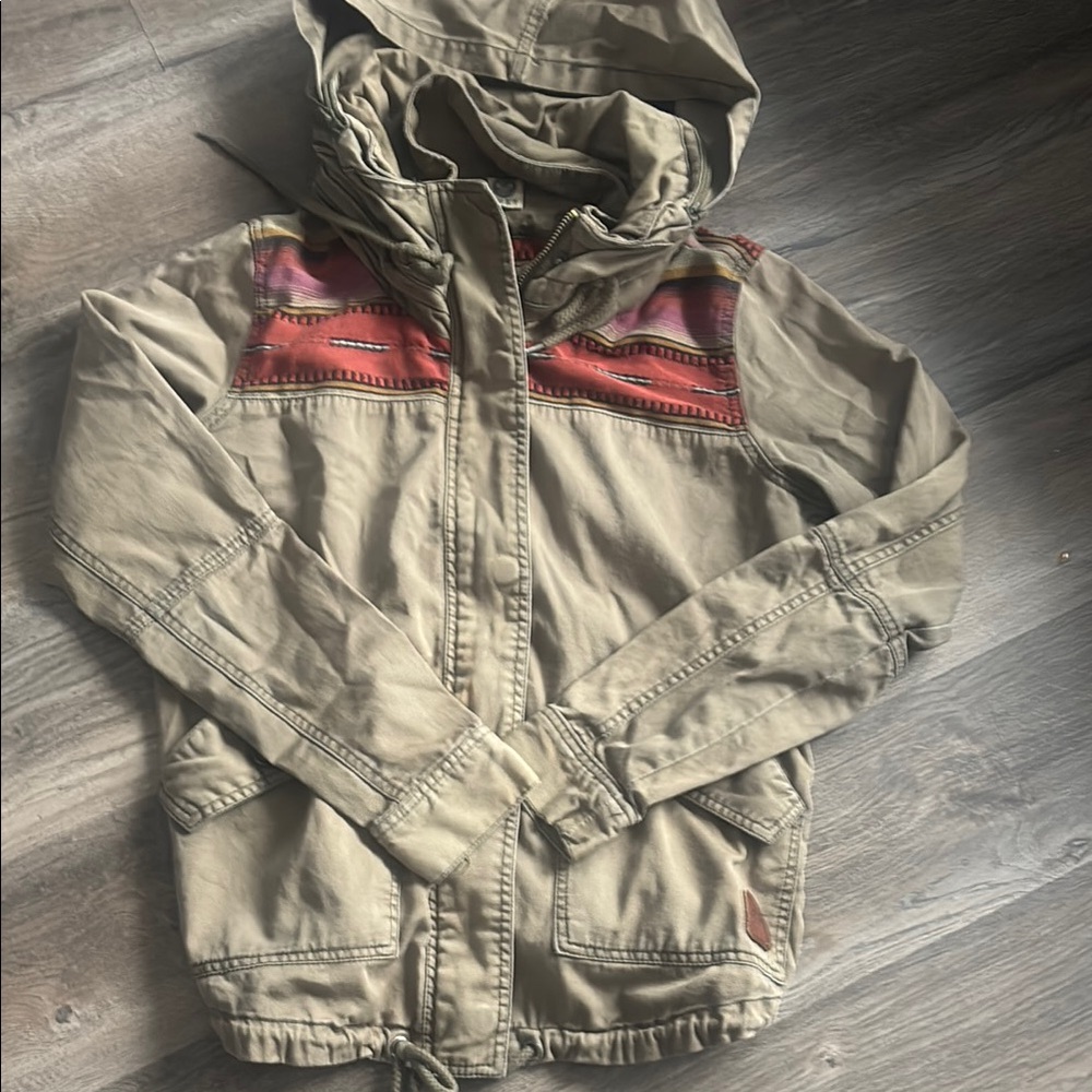 Roxy Tan and Red Raincoat with Hood and Zipper